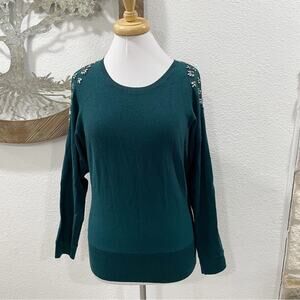 Anthropologie Knitted & Knotted Wool Cold Shoulder Jeweled Sweater Dark Teal S